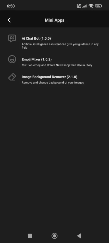 iPhone 3 Honista mini apps menu showing AI Chat Bot, Emoji Mixer, and Image Background Remover tools